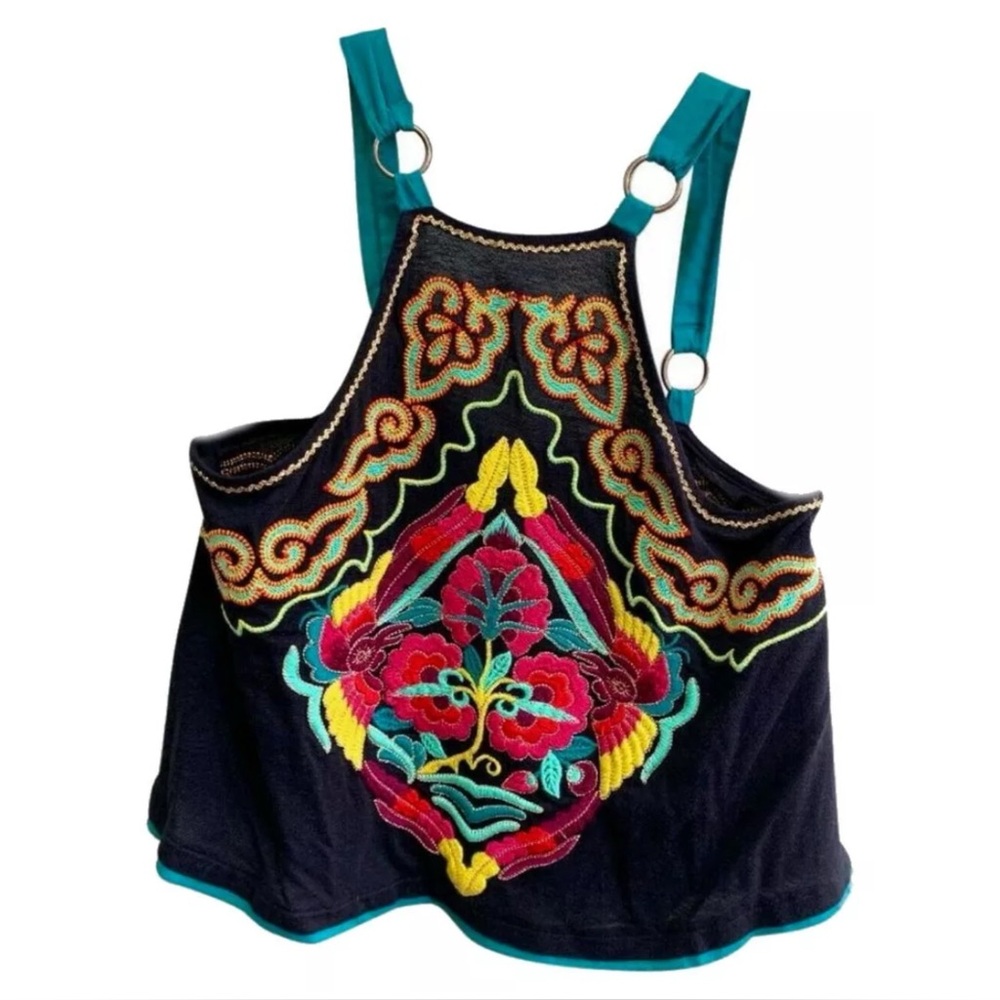 $148 Free People Embroidered Circus Top Medium 8 VINTAGE Tank O Ring Straps NWT